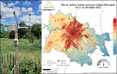 À gauche : exemple de station météo déployée pour le suivi des îlots de chaleur urbains à Dijon. À droite : carte d'îlots de chaleur urbains en lien avec les formes de la ville sur Dijon Métropole