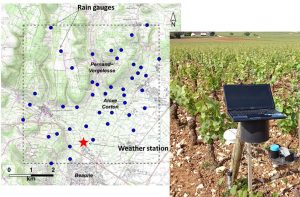 à gauche, carte du réseau de pluviomètres utilisé dans l'étude et à droite, photo d'un pluviomètre dans les vignes (crédits B. Pauthier)